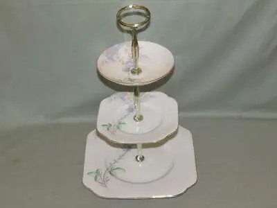 Vintage Colclough China 3-Tier Hostess Cake Plate Stand Blue Yellow Flowers 4664 • £19.95