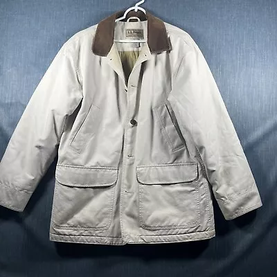 LL Bean Mens Jacket Over Coat Size M Cotton Beige Corduroy Collar Vintage • $18.66