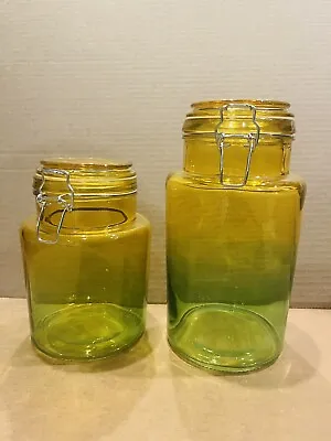 Canisters Jars Vintage Green And Yellow Glass Canisters Set Of 2 .NEVER USED. • $34.99