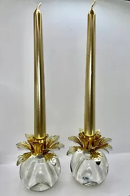 Hollywood Regency Mid Century Modern Art Deco Pair Of Glass Metal Candle Holder • $26.95