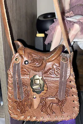 VINTAGE Unique Tooled Distressed Leather Horse Saddle Shaped Shoulder Bag Purse • $85