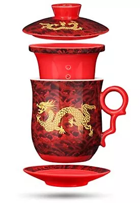 Chinese Dragon Pattern Tea-Mug With Strainer Infuser And Lid And Saucer Ceramic • $28.38