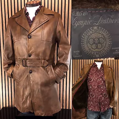 Vtg Olympic Leather Long Trench Coat 40 M - L Brown Distressed Trench Overcoat • $284.95