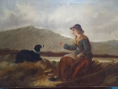 Victorian Oil Painting On Canvas Girl With Dog • £150