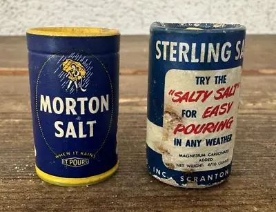 Morton Salt Mini Salt Pepper Shakers Blue Yellow Plastic Sterling Salt Salty OLD • $17.39