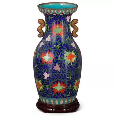 US Seller - Vintage Royal Blue Floral Motif Chinese Cloisonne Vase • $1280