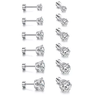 6 Pairs Stainless Steel Round Cubic Zirconia Stud Earrings Set For Men Women • $9.29