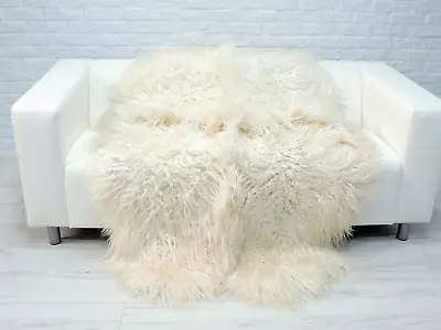 White Quad Mongolian Curly Sheepskin Rug Genuine Bed Sofa Floor Cover Throw Q60 • $377.09