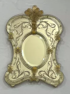 Vtg Large Ornate Venetian Murano Glass Etched Mirror Italy Gold Flowers 22.5  • $599.99