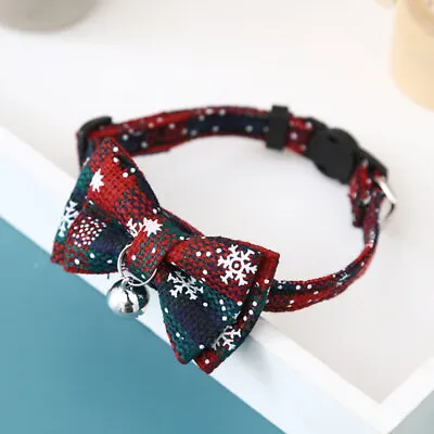 Christmas Cat Dog Bow Tie Collars With Bell Snowflakes Plaid Pet Xmas Collar. • £4.07