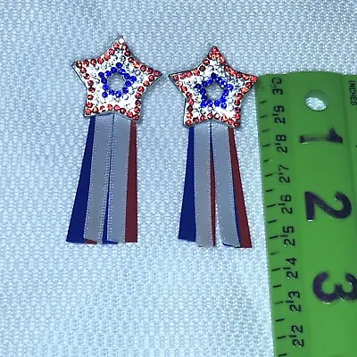 Earrings Red White Blue Rhinestone Star With Ribbon • $11.95