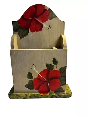 Vintage Wooden Handmade & Painted Hibiscus Notepad & Pen Holder 2003 ~ SIGNED • $21.99