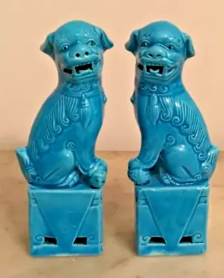 Vintage Pair Turquoise Ceramic Foo Dogs • $115.45