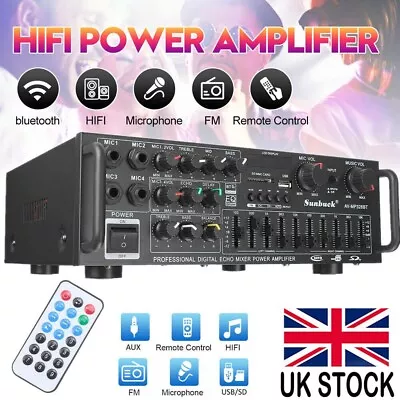 2000W Digital Power Amplifier Bluetooth Stereo HiFi Audio 2CH USB SD FM Car Home • £34.99