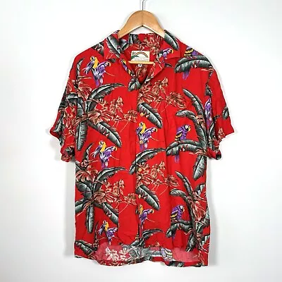 VINTAGE Paradise Found Magnum PI Shirt Mens Medium Red Parrot Hawaiian Aloha  • $39.99