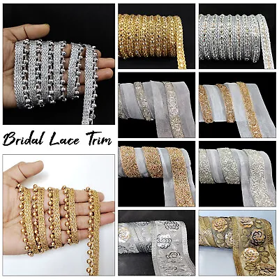 £4.29 • Buy Indian Silver/Gold Rhinestone Beaded Lace Ribbon Trimming Bridal Edging Craft 4M