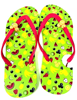 Disney Parks Lime Green Mickey Mouse Flip Flops Women's Size 10 Tropical Fruits • $17.27