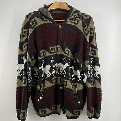 Tejidos Ruminahui Sweater Mens 2X XXL Wool Button Up Hood Festival Outdoor Deer • $42.99