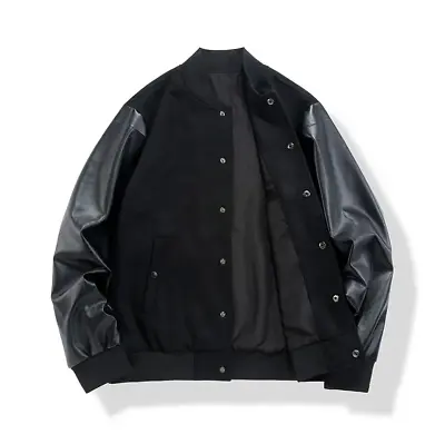 £59.99 • Buy Premium Quality Letterman Bomber Black Wool Black Leather Sleeves Varsity Jacket