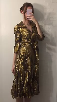 Diane Von Furstenberg Brown Gold Shimmer Wrap Around Silk Midi Dress Size 8 • $79