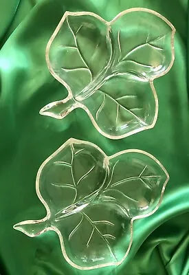 Set Of Two Clear Hazel Atlas Oak Maple Leaf Design Relish Nut Dishes - Perfect! • $18.99