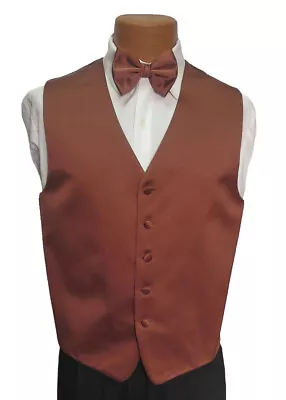 Men's Brandon Michael Cognac Satin Tuxedo Vest With Bow Tie Red Brown Size L • $4.46