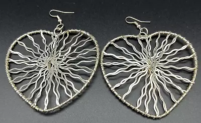 Vintage Large Wire Wrapped Heart Hook Earrings Jewelry 80's Silver Toned Estate • $10.99