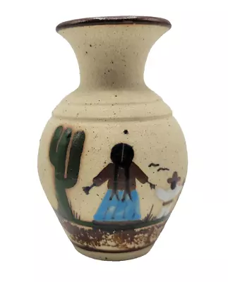 Mexican Folk Art Ceramic Vase Tonala Pottery Hand Painted Woman Child Cactus 5  • $10.94