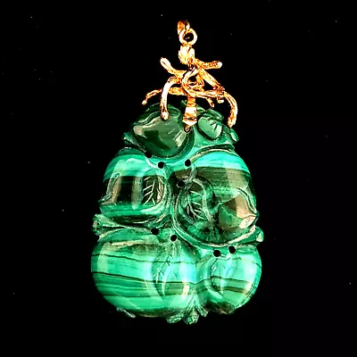 1970s Vintage Large 14k Yellow Gold Malachite Carving Pendant Estate Jewelry • $349