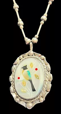 Vtg Zuni Sterling Silver Large Bird Inlay Pendant & Native Bead Chain Necklace • £106.05