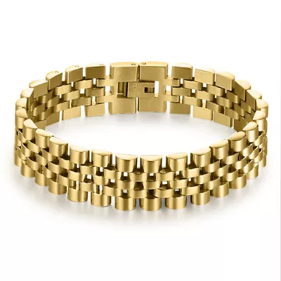 Men's Gold Plated Stainless Steel Chain Link Bracelet Christmas Gift 15mm 20cm • $14.99