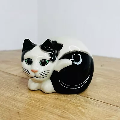 Quail Pottery Cat 'Basil' Black & White Laying Down Curled Up Collectable Glazed • £12