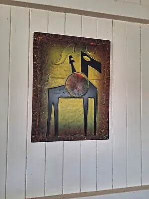 Trojan Horse Oil Painting Signed Cut Oil  Vintage Picture Hanging Mid Century  • $125