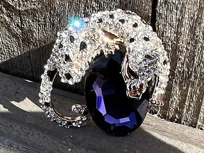 Vintage Leopard Cat Lion Crystal Glass Rhinestone Brooch Pin Large Purple US • $13.01