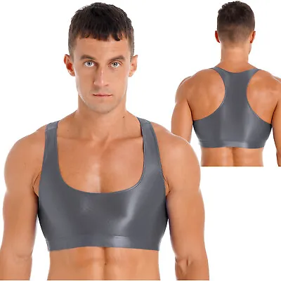 Men's Glossy Y Back Sleeveless Muscle Sports Bra Gym Fitness Shirt Vest Crop Top • £8.39