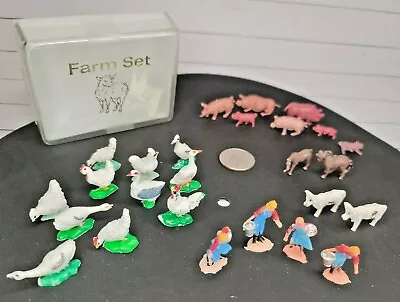 25 Miniature Plastic Farm Animals And People Figures In Box Tiny Vintage 1  Tall • $14.99