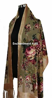Elegant 100% Silk Burnout Velvet Vintage Floral Oblong Scarf Shawl Wrap Camel • $27.99