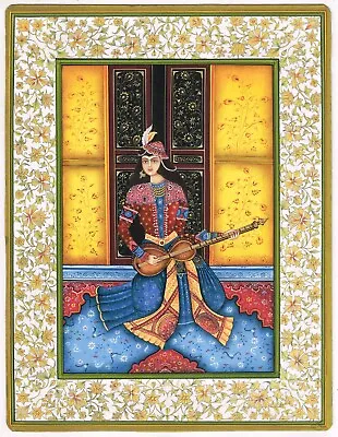 A Qajar Beauty Playing Musical Instrument - Persian Art Painting 9.5x12 Inches • $963.99
