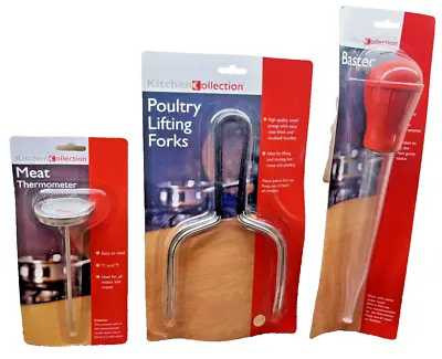 Kitchen Utensils Trio - Meat Thermometer Poultry Lifting Forks & Baster By Aldi • £7.03