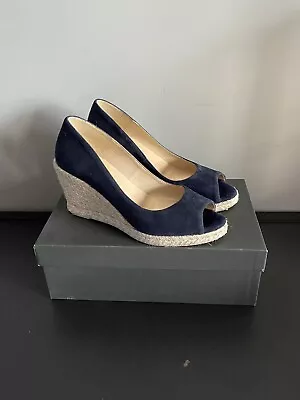 Mint Velvet Wedge Espadrilles Shoes UK 6 39 Navy Blue Suede Peep Toe Summer Box • £14.99