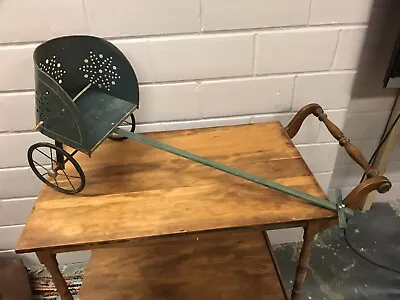 Antique Vtg Blue Green Punched Metal Doll 2 Wheel Pull Behind Stroller Buggy • $175