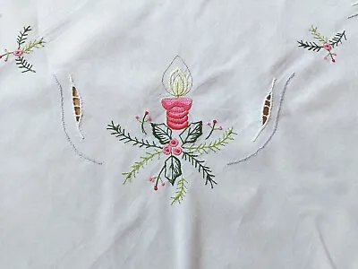 Beautiful Vintage Christmas Tablecloth Runner Embroidery Pine Boughs Candle 33  • $13.20