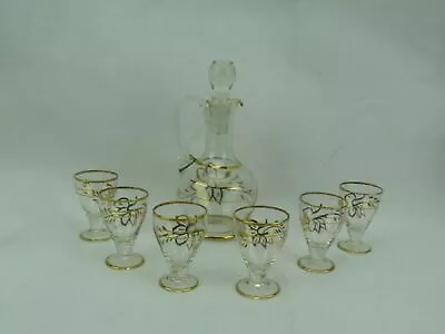 Vintage Gold Trim Glass Decanter Set With 6 Glasses #2341 • $75.74