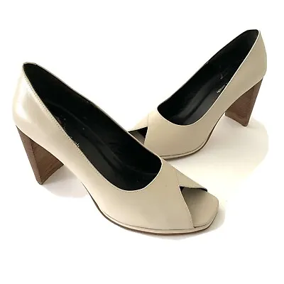 $19 • Buy Amanda Smith Hanna Cream Leather Square Peep Toe Pumps Heel Ladies Shoes Sz 9