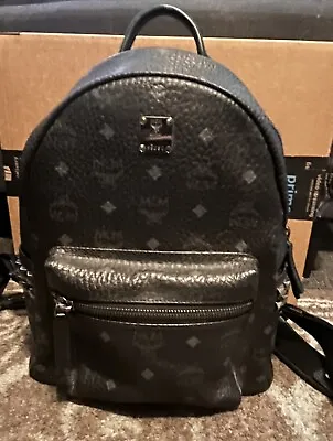 Authentic MCM Stark Side Studs Backpack In Visetos Medium Black & Brown Leather • $575