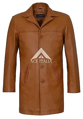 Men's Tan Knee Length Real Nappa Leather Casual Leather Jacket Coat 3476 • £92.24