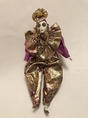 HARLEQUIN JESTER MARDI GRAS DOLL With SHINY GOLD PURPLE COSTUME BISQUE FACE 11  • $16.95