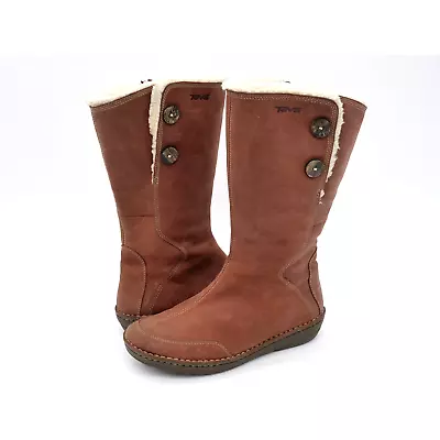 Teva Tonalea Boots Womens 8 Brown Nubuck Zip Mid Calf Faux Fur Lined Waterproof • $39.99