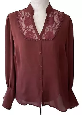 Venezia Jeans Maroon W/Lace Yoke 100% Silk Long Sleeve Button Up Women’s 14/16 • $14.99