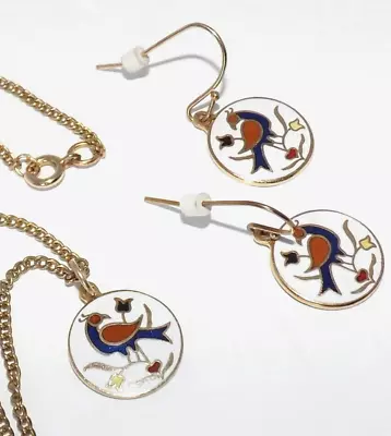 Vintage Danish Turtle Dove Bird Enamel Pendant Necklace & Earrings Set • $24.99